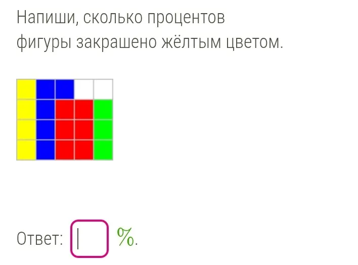 Напиши, сколько процентов фигуры закрашено жёлтым цветом.