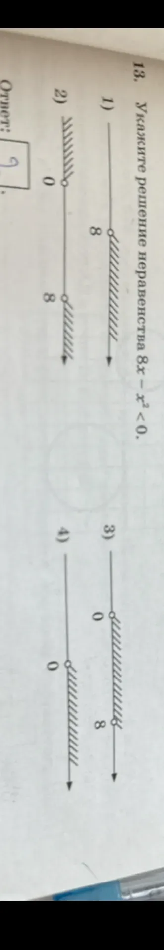Укажите решение неравенства 8x - x^2 < 0