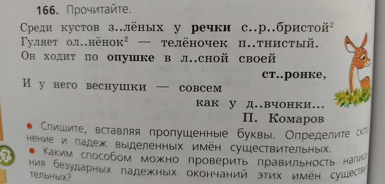 Прочитайте. Спишите, вставляя пропущенные буквы. Определите склонение и падеж выделенных имён существительных.