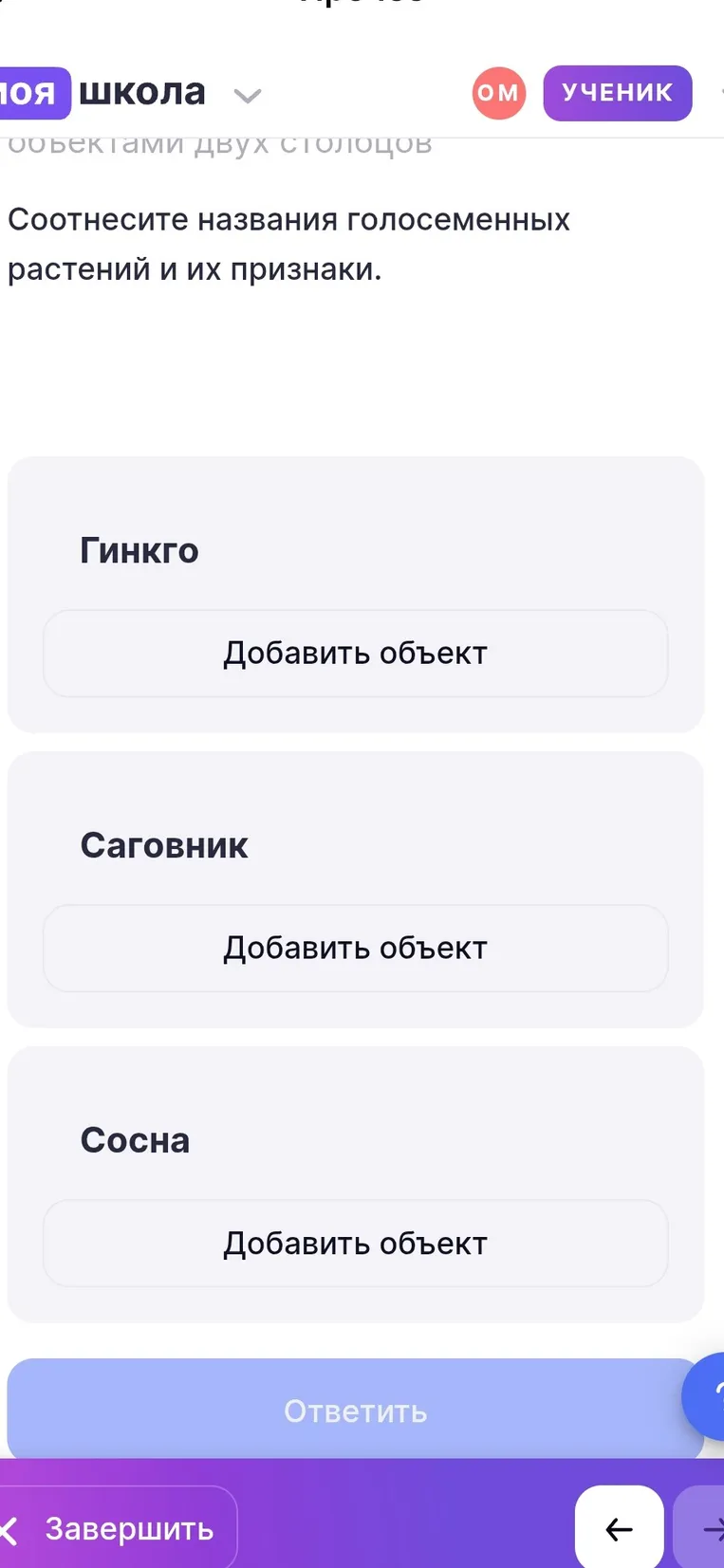 Соотнесите названия голосеменных растений и их признаки.