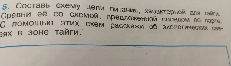 Составь схему цепи питания, характерной для тайги. Сравни её со схемой, предложенной соседом по парте. С помощью этих схем расскажи об экологических связях в зоне тайги.