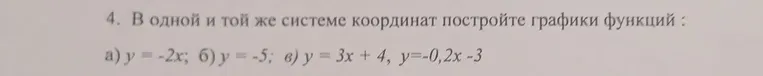 Постройте графики функций в одной и той же системе координат: а) y = -2x; б) y = -5; в) y = 3x + 4, y = -0,2x - 3