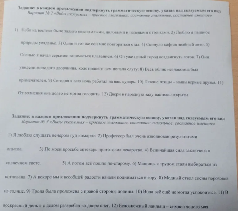 В каждом предложении подчеркнуть грамматическую основу, указав над сказуемым его вид. Вариант № 2