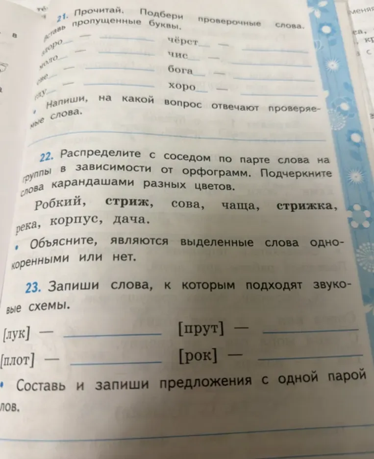 21. Прочитай. Подбери проверочные слова. Вставь пропущенные буквы.