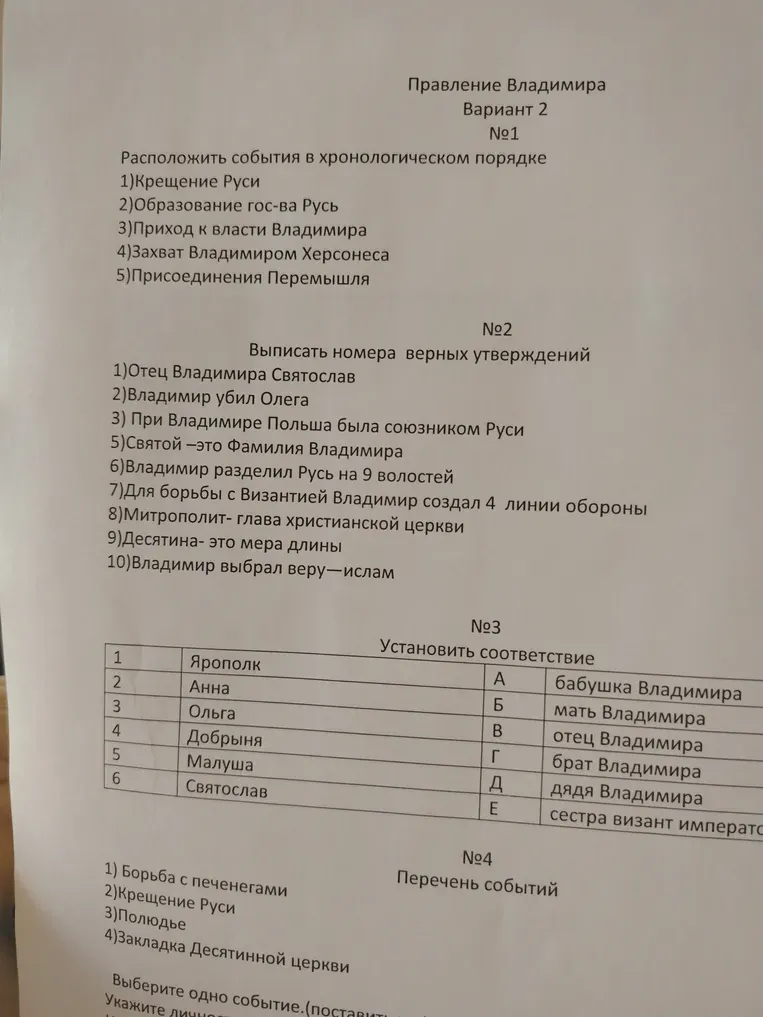Расположите события в хронологическом порядке: Крещение Руси, Образование гос-ва Русь, Приход к власти Владимира, Захват Владимиром Херсонеса, Присоединение Перемышля.