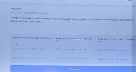 Заполните пустые ячейки таблицы. Выберите из списка и запишите имена существительные в нужную графу в том порядке, в котором они записаны: степь, кошка, кот, нож, роль, мышь.
