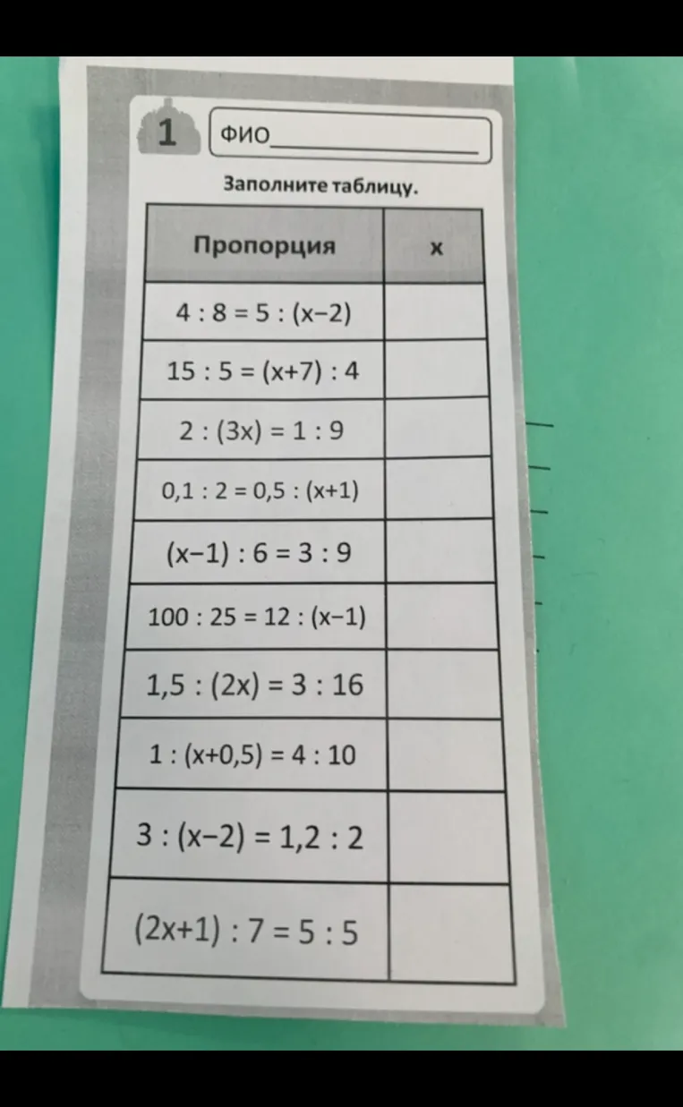 Заполните таблицу, решив пропорции