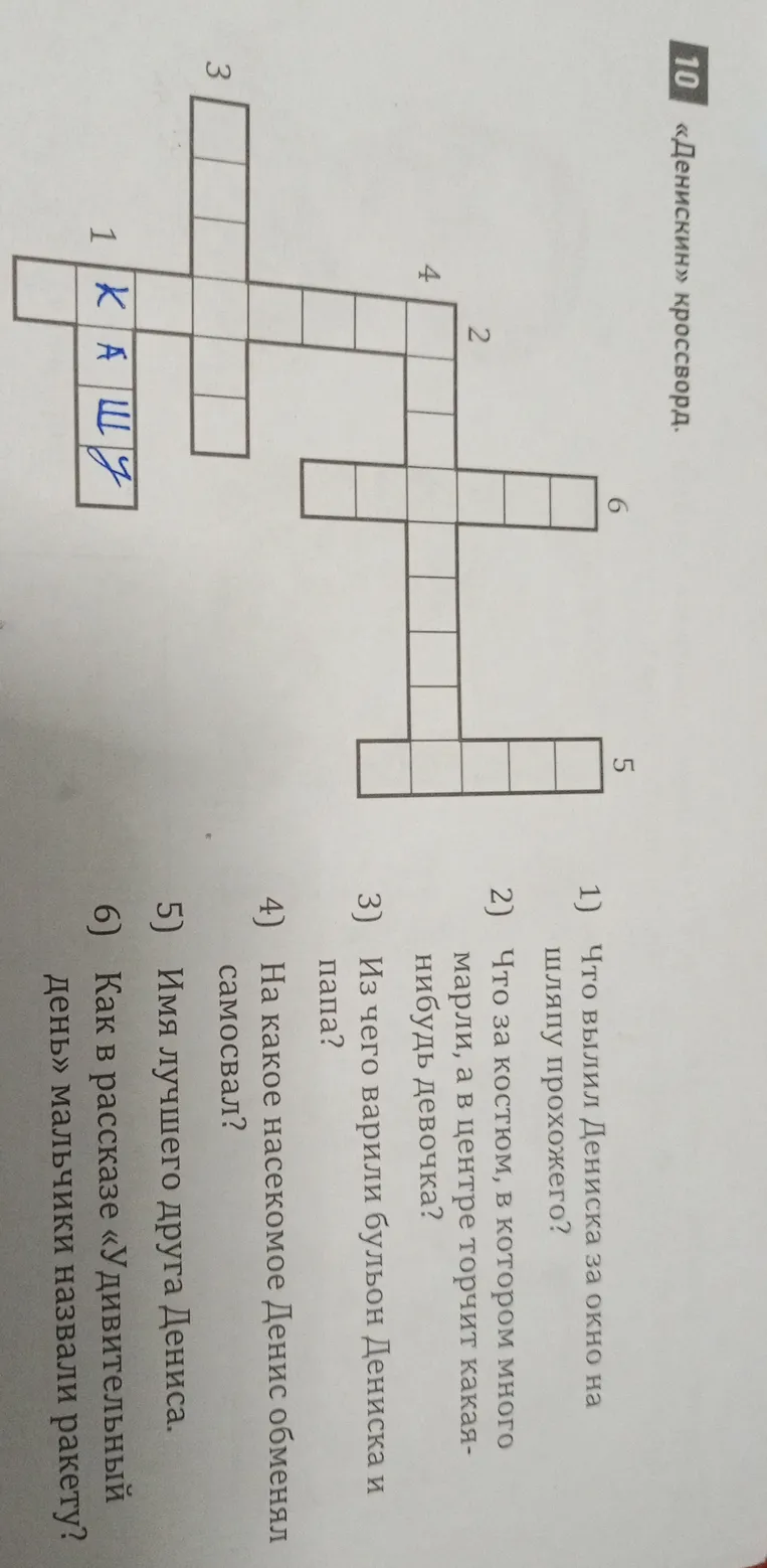 1) Что вылил Дениска за окно на шляпу прохожего?