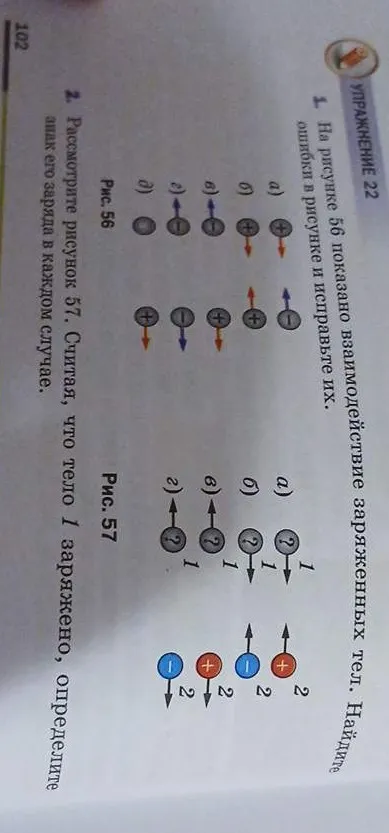 На рисунке 56 показано взаимодействие заряженных тел. Найдите ошибки в рисунке и исправьте их.