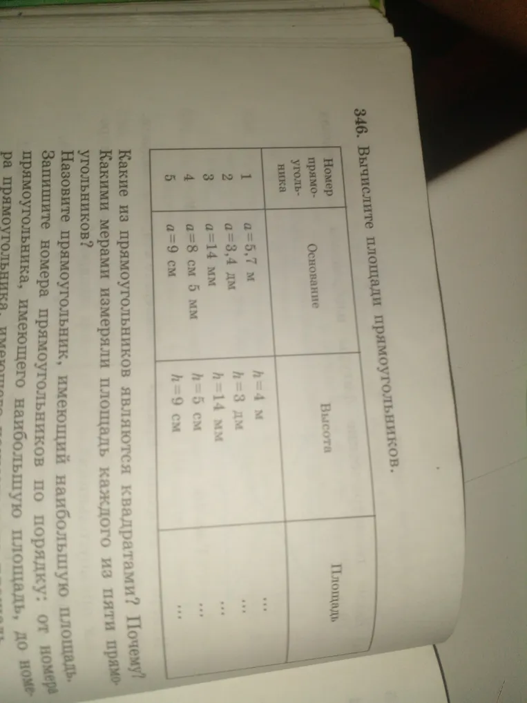 Вычислите площади прямоугольников и заполните таблицу, укажите какие из прямоугольников являются квадратами и почему, а также назовите прямоугольник, имеющий наибольшую площадь и запишите номера прямоугольников по порядку: от номера прямоугольника, имеющего наибольшую площадь, до номера прямоугольника, имеющего наименьшую площадь.