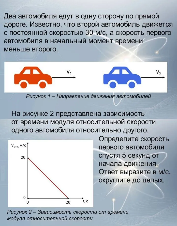 Определите скорость первого автомобиля спустя 5 секунд от начала движения. Ответ выразите в м/с, округлите до целых.