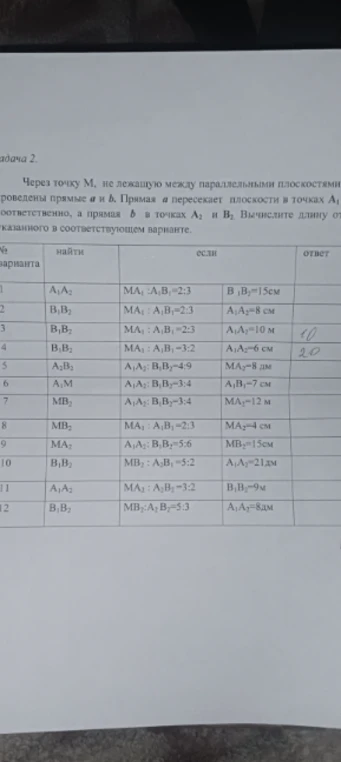 Вычислите длину отрезка $A_1A_2$, если $MA_1 : A_1B_1 = 2:3$ и $B_1B_2 = 15$ см.