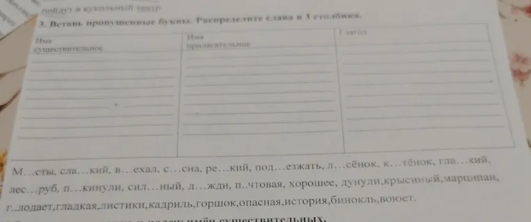 Вставить пропущенные буквы и распределить слова в 3 столбика: имя существительное, имя прилагательное, глагол.