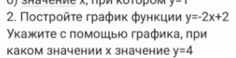 Постройте график функции y=-2x+2. Укажите с помощью графика, при каком значении x значение y=4