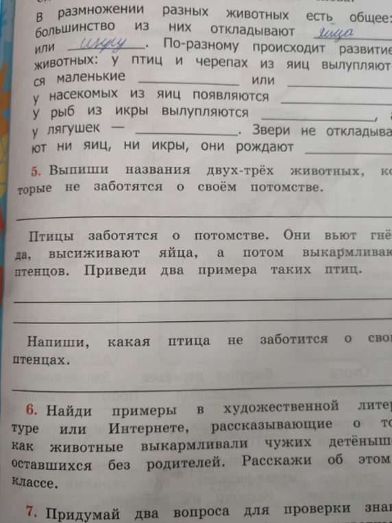 Выпиши названия двух-трёх животных, которые не заботятся о своём потомстве.