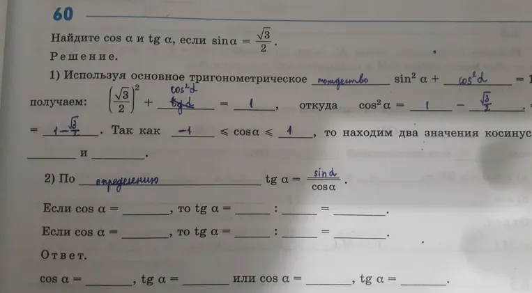 Найдите $\cos \alpha$ и $\text{tg } \alpha$, если $\sin \alpha = \frac{\sqrt{3}}{2}$