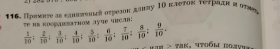 Примите за единичный отрезок длину 10 клеток тетради и отметьте на координатном луче числа: