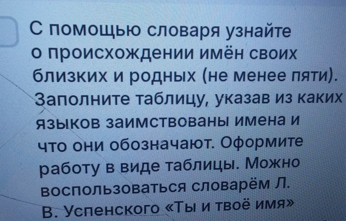 Узнайте с помощью словаря о происхождении имён своих близких и родных (не менее пяти). Заполните таблицу, указав из каких языков заимствованы имена и что они обозначают. Оформите работу в виде таблицы.