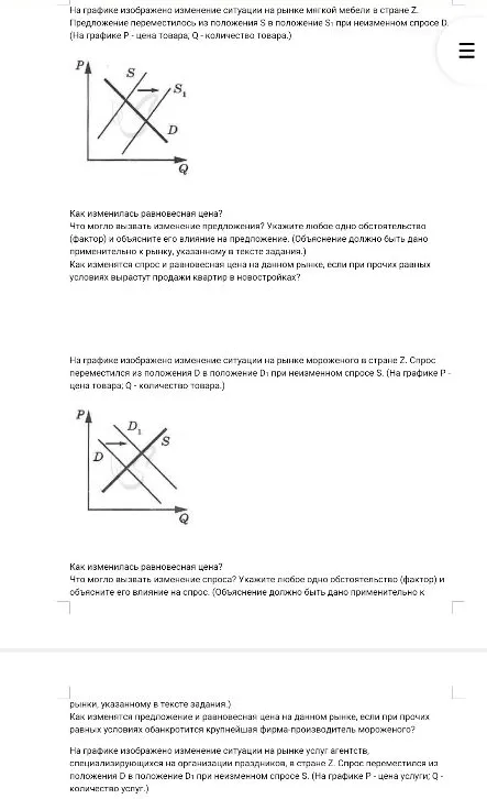 На графике изображено изменение ситуации на рынке мягкой мебели в стране Z. Предложение переместилось из положения S в положение S1 при неизменном спросе D. Как изменилась равновесная цена?
