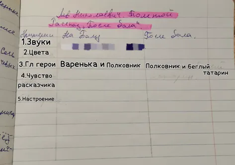 Заполните сравнительную таблицу по рассказу Льва Толстого "После бала", разделив её на две части: "На балу" и "После бала". Таблица должна включать следующие пункты: 1. Звуки; 2. Цвета; 3. Главные герои; 4. Чувство рассказчика; 5. Настроение.