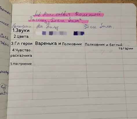 Проанализируйте рассказ Льва Николаевича Толстого "После бала" по следующим критериям: звуки, цвета, главные герои, чувство рассказчика, настроение, разделив анализ на две части: "На балу" и "После бала".