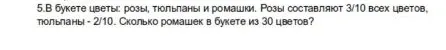 5.В букете цветы: розы, тюльпаны и ромашки. Розы составляют 3/10 всех цветов, тюльпаны – 2/10. Сколько ромашек в букете из 30 цветов?