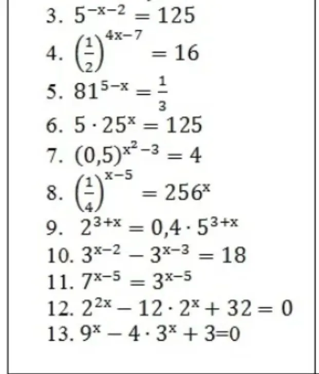 Решить показательные уравнения 3. $5^{-x-2} = 125$