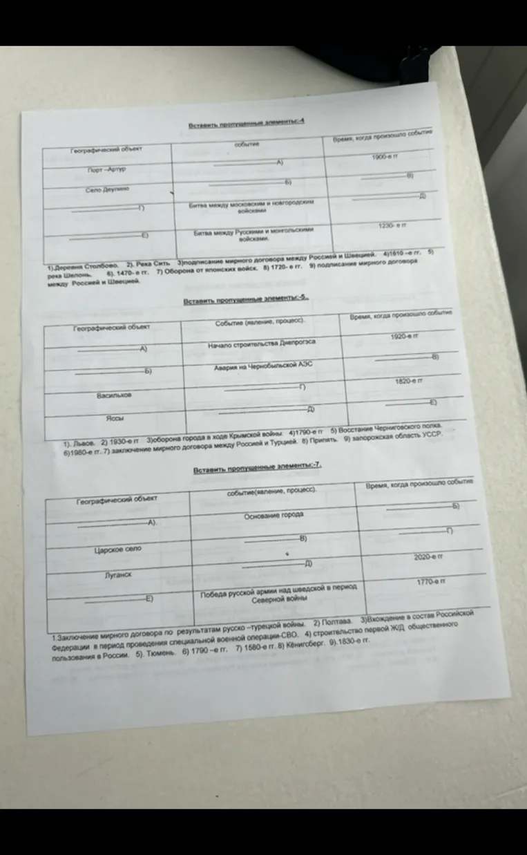 Заполнить таблицу "Вставить пропущенные элементы: 4", сопоставив географический объект, событие и время, когда произошло событие.