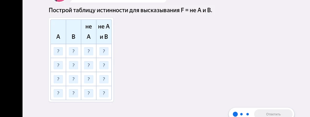 Построить таблицу истинности для высказывания F = не А и В.