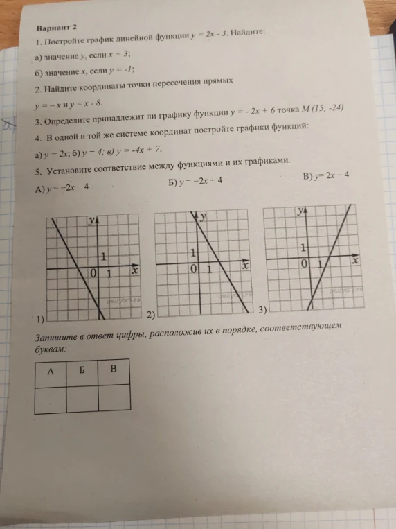 Постройте график линейной функции y = 2x - 3. Найдите: а) значение y, если x = 3; б) значение x, если y = -1.