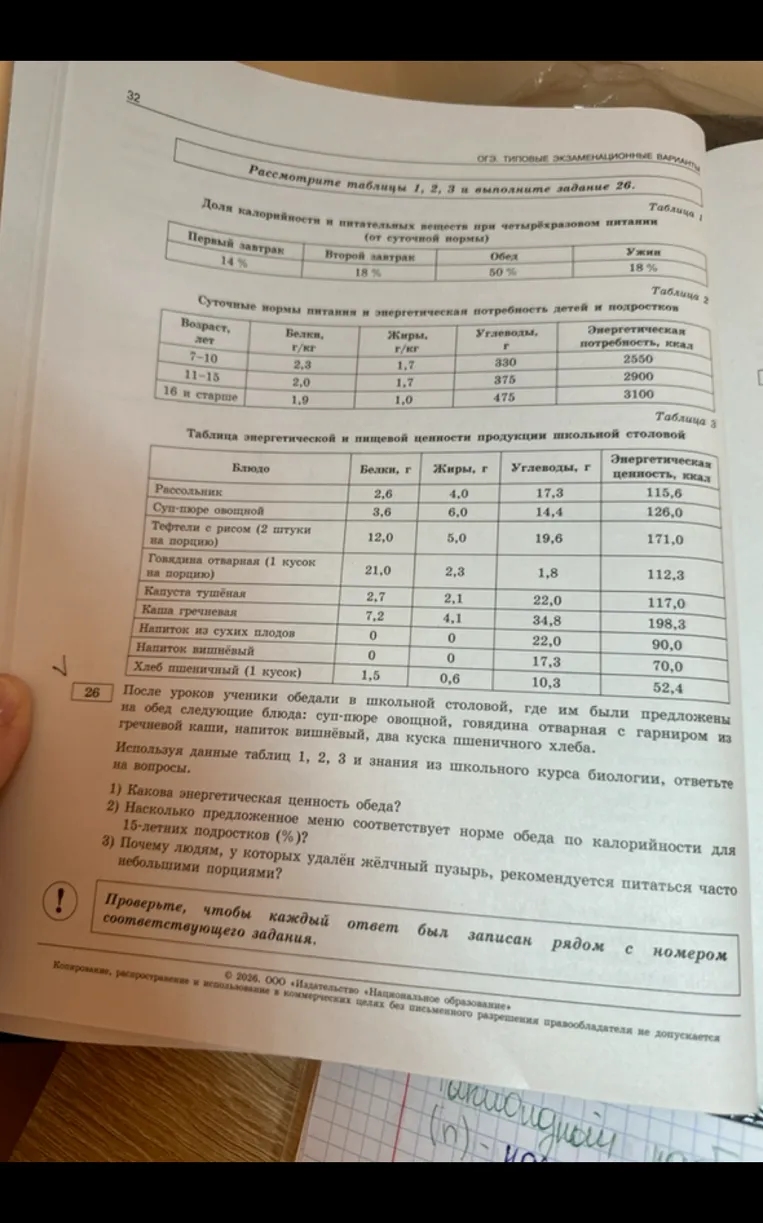 Какова энергетическая ценность обеда?