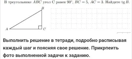 В треугольнике $ABC$ угол $C$ равен $90^\[circ\]$, $BC = 5$, $AC = 3$. Найдите $\operatorname{tg} B$.