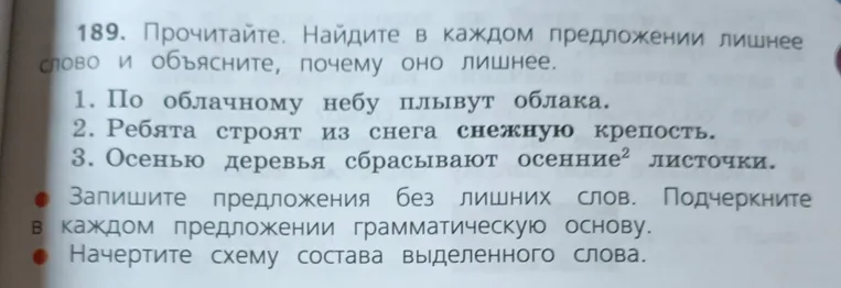 Прочитайте. Найдите в каждом предложении лишнее слово и объясните, почему оно лишнее.