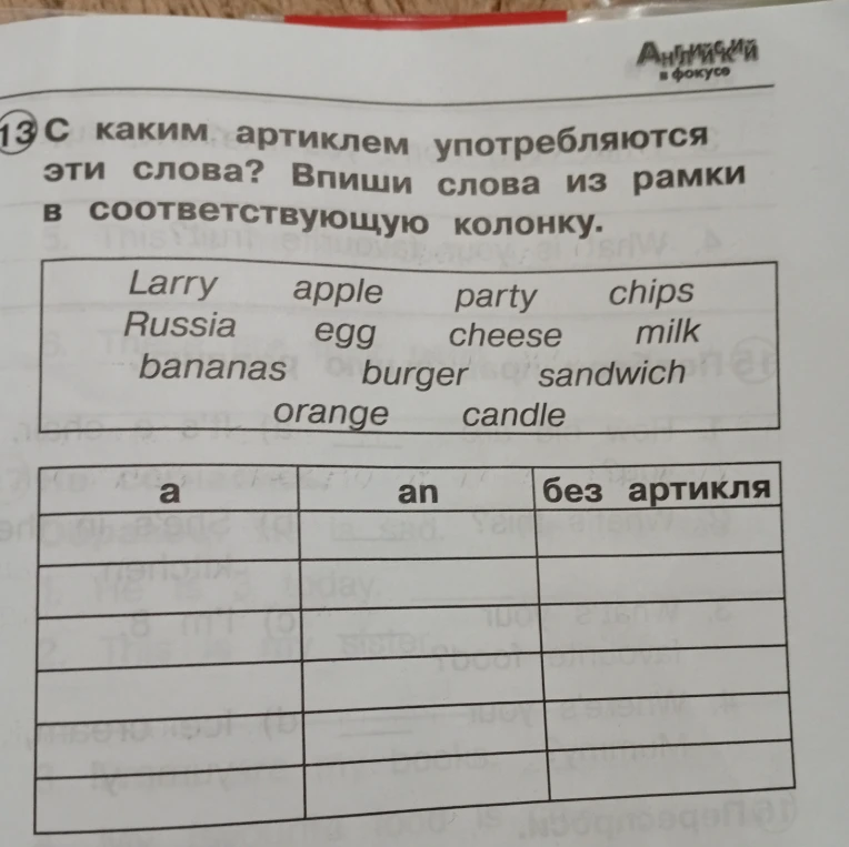 С каким артиклем употребляются эти слова? Впиши слова из рамки в соответствующую колонку.