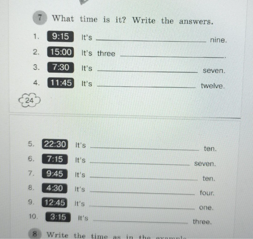 Ответь на вопрос "What time is it?" для указанного времени.