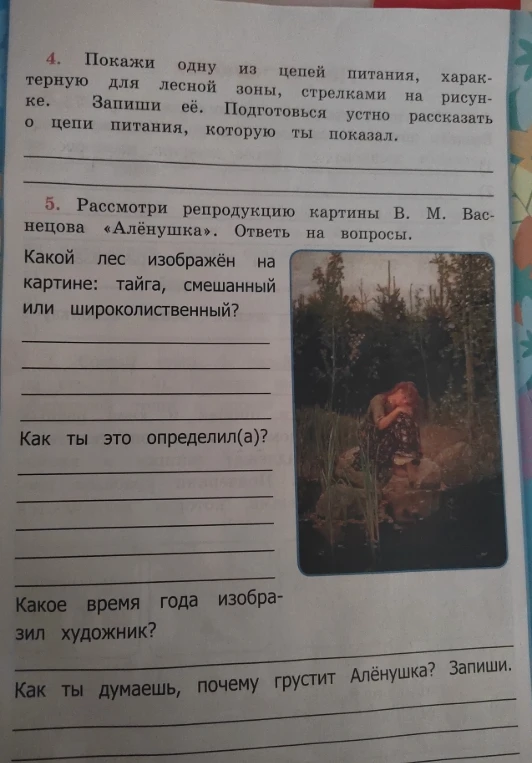 Рассмотри репродукцию картины В. М. Васнецова «Алёнушка». Ответ на вопросы. Какой лес изображён на картине: тайга, смешанный или широколиственный?