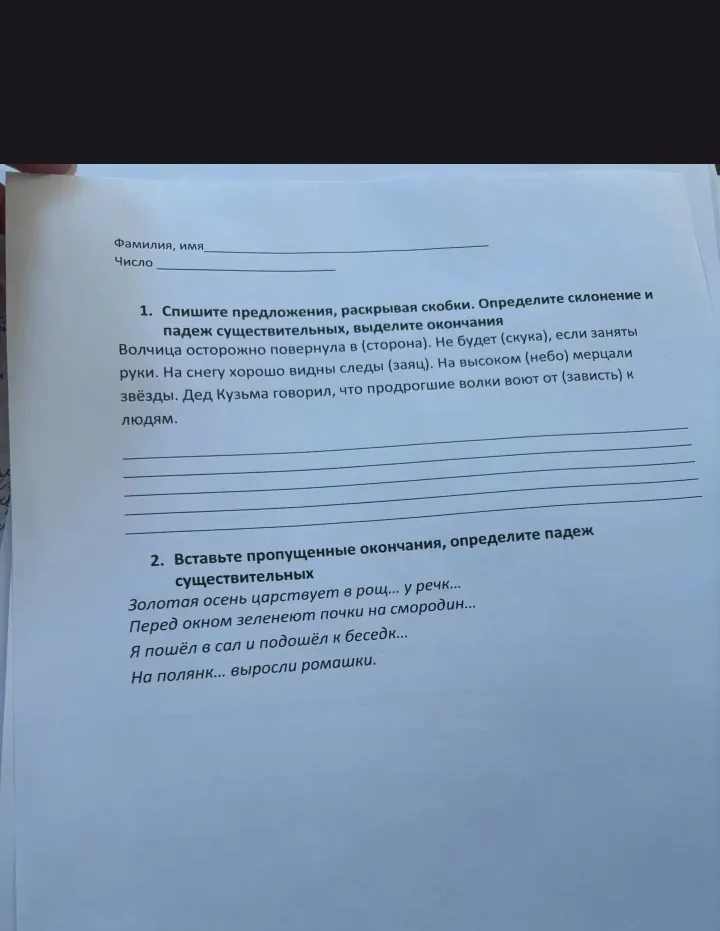 Спишите предложения, раскрывая скобки. Определите склонение и падеж существительных, выделите окончания