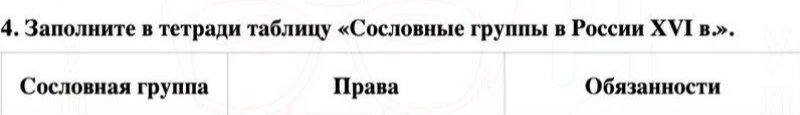 Заполнить таблицу «Сословные группы в России XVI в.»