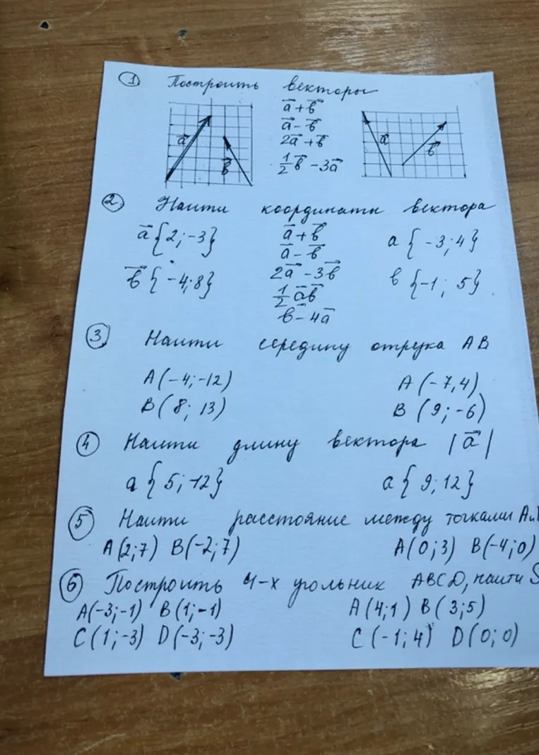 Построить векторы $\vec{a} + \vec{b}$, $\vec{a} - \vec{b}$, $2\vec{a} + \vec{b}$, $\frac{1}{2}\vec{b} - 3\vec{a}$