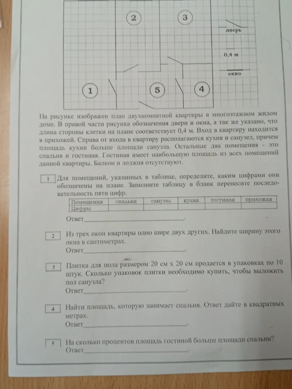 Для помещений, указанных в таблице, определите, каким цифрами они обозначены на плане. Заполните таблицу в бланк перенесите последовательность пяти цифр.