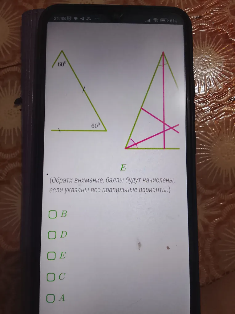 Даны рисунки пяти треугольников, на которых дана некоторая информация об углах и отрезках. На каких рисунках информация дана правильно?