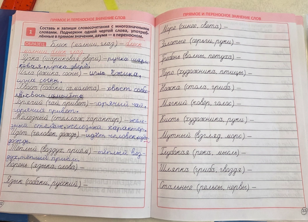 Составь и запиши словосочетания с многозначными словами. Подчеркни одной чертой слова, употреблённые в прямом значении, двумя — в переносном. Море (синее, света)