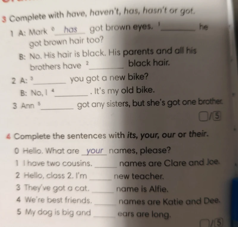 Complete with have, haven't, has, hasn't or got.