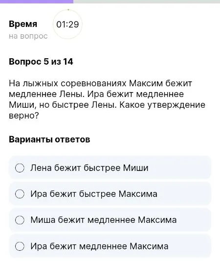 На лыжных соревнованиях Максим бежит медленнее Лены. Ира бежит медленнее Миши, но быстрее Лены. Какое утверждение верно?