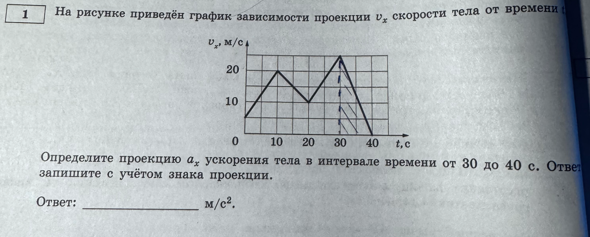 Определите проекцию $a_x$ ускорения тела в интервале времени от 30 до 40 с. Ответ запишите с учётом знака проекции.