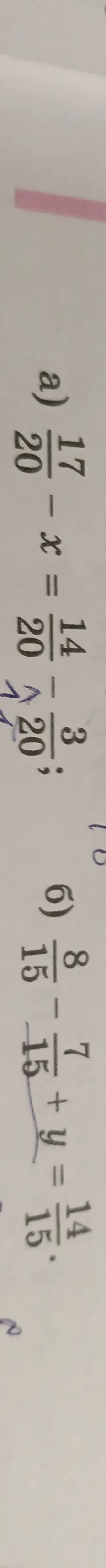 Реши уравнения: 17/20 - x = 14/20 и 8/15 + y = 14/15