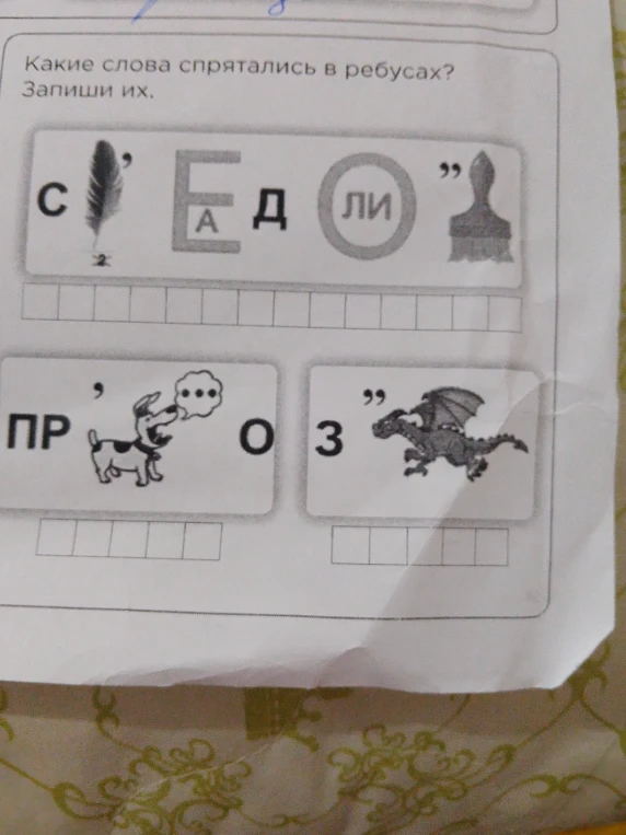 Разгадать ребусы и записать слова.