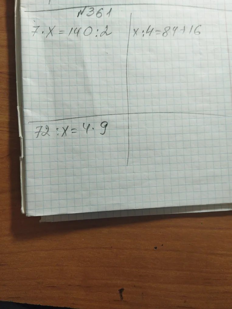 Решите уравнения 7 • X = 140 : 2, X : 4 = 84 + 16, 72 : X = 4 • 9.