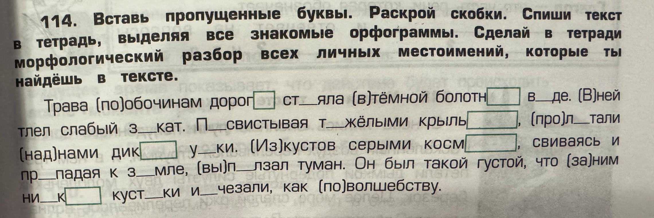 Вставь пропущенные буквы. Раскрой скобки. Спиши текст выделяя все знакомые орфограммы. Сделай в тетради морфологический разбор всех личных местоимений, которые ты найдёшь в тексте