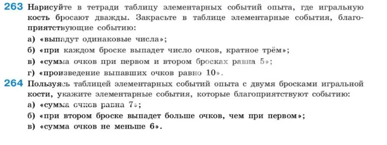 Нарисуйте в тетради таблицу элементарных событий опыта, где игральную кость бросают дважды. Закрасьте в таблице элементарные события, благоприятствующие событию: а) «выпадут одинаковые числа»
